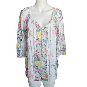 Fig & Flower Womens Floral Peasant Top Mesh Sides & Sleeves Sz M Boho Cottage